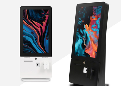 two modern digital kiosks with colorful abstract screens displaying vibrant patterns suitable for interactive use and information access in various settings