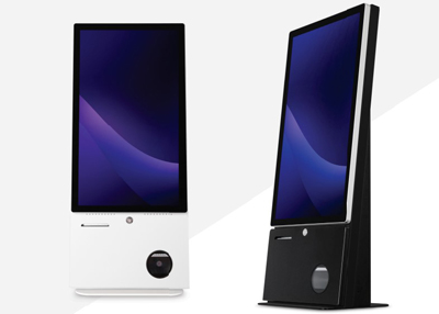 two modern touchscreen kiosks one white one black with vibrant display and sleek design five key features