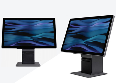 two computer monitors with sleek design showcasing dynamic blue abstract backgrounds
